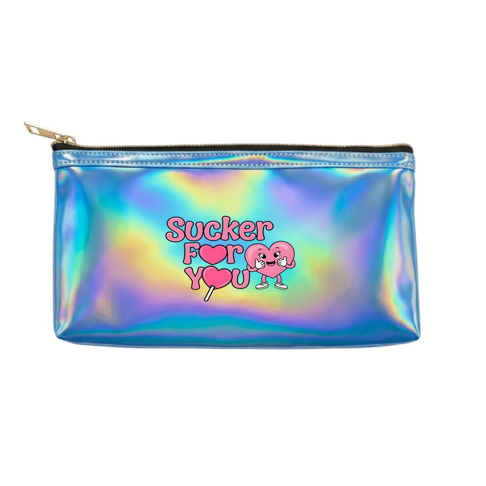 Cute Pink Love Heart and Lollipop Print Laser Cosmetic Makeup Bag, Portable Holographic Toiletry Organizer for Travel Girl Holiday Gift