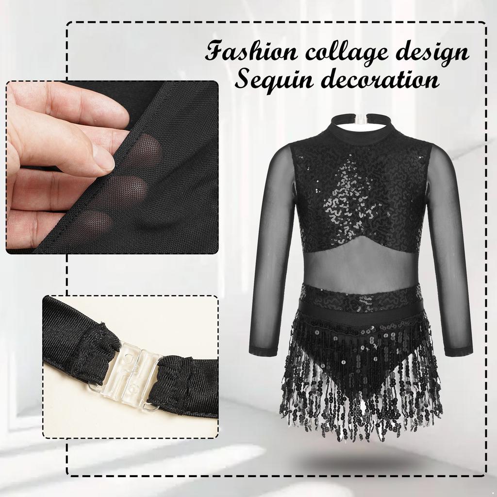 Детское платье для танцев для девочек, блестящие пайетки, бахрома по подолу, стиль пэчворк, трико, танцевальная одежда, сценическая одежда