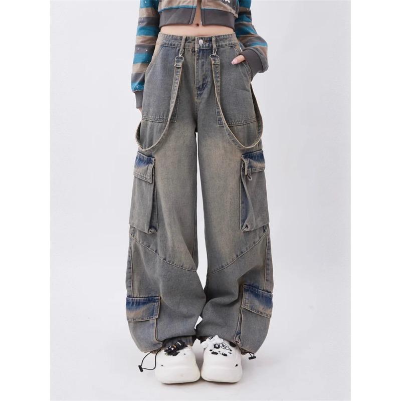 Flap Pocket Cargo Jogger Jeans Pants Women 2023 Vintage Low Rise Jean Harajuku Streetwear Straight Wide Leg Baggy Jeans Techwear Hip Hop Punk