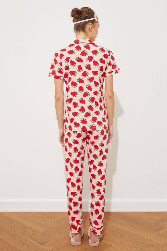 Women's Fashion New Pajama Set Pink Piping Detailed Strawberry Patterned Knitted Pajama Set