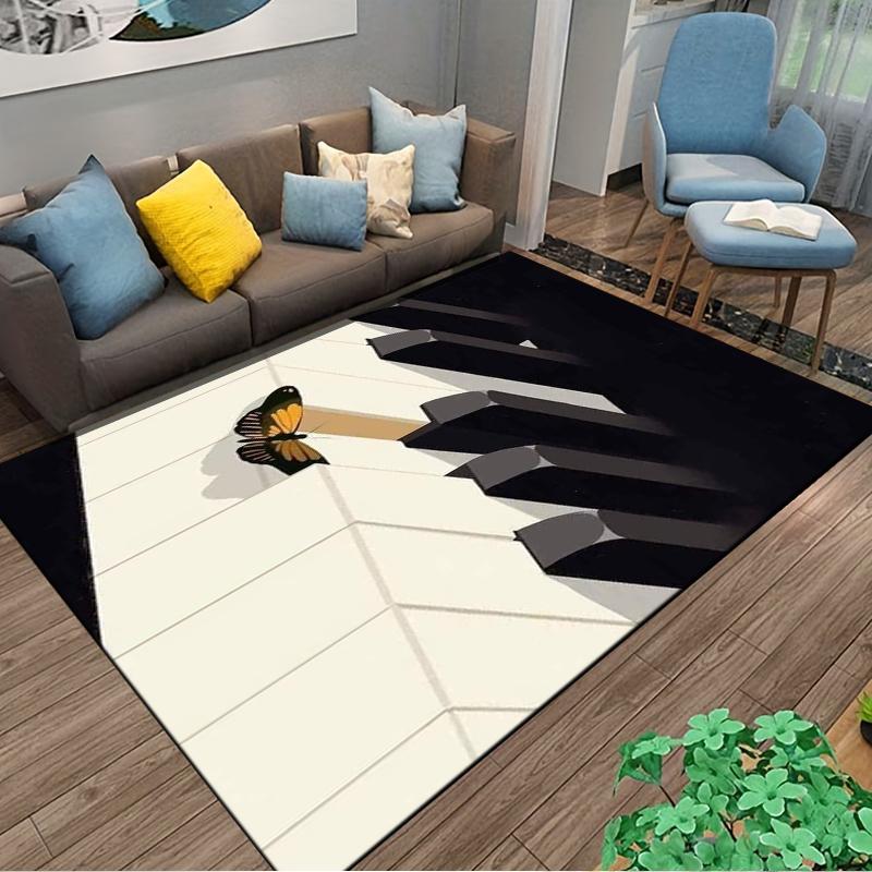 Butterfly on Piano Key Print Carpet, Black and White Music Decor Suitable for use as an anti-slip for living room bedroom sofas