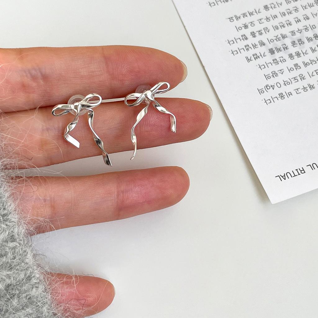 Silver needle ribbon bow stud earrings Mori series sweet little fragrant earrings niche high-end spring new earrings