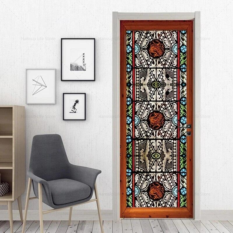 3D Geometric Door Sticker Self-adhseive Vinyl Full Door Wrap Cover Stickers Modern Abstract Geometry Wall Art Mural Decorations