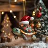 Christmas Tree Pendant Decoration Turtle Wearing Santa Hat Design Sparkling Ornament Holiday Party Decor