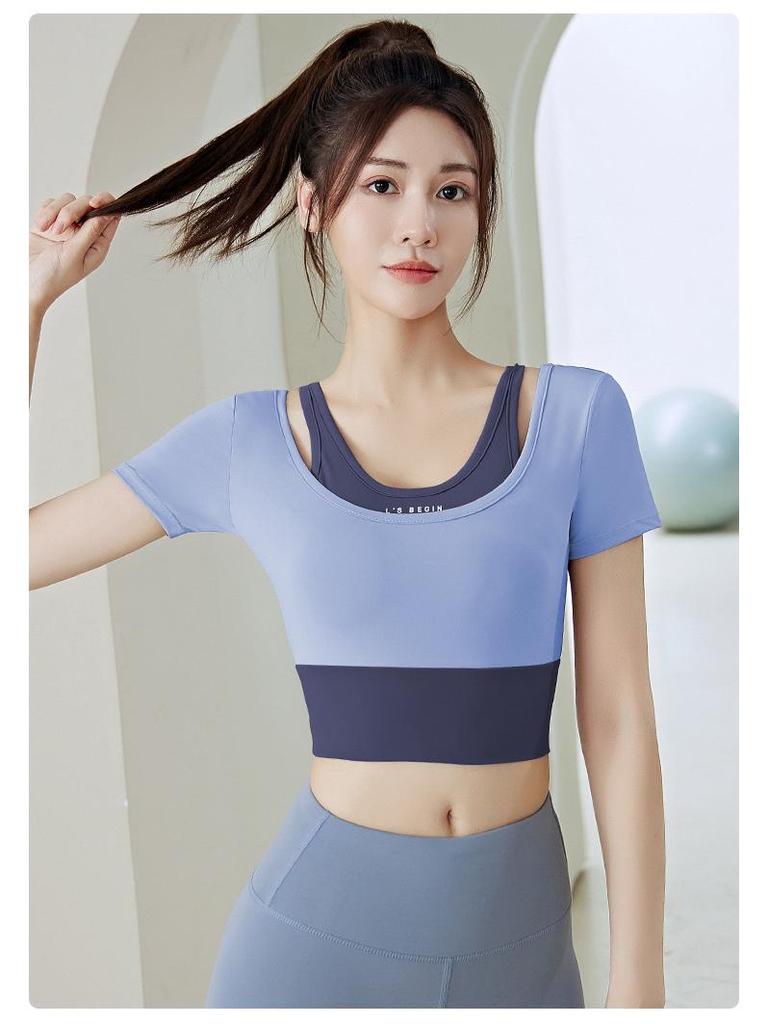 Women's Color Block Two-Piece Short Sleeve Quick-Dry Sports Yoga Top