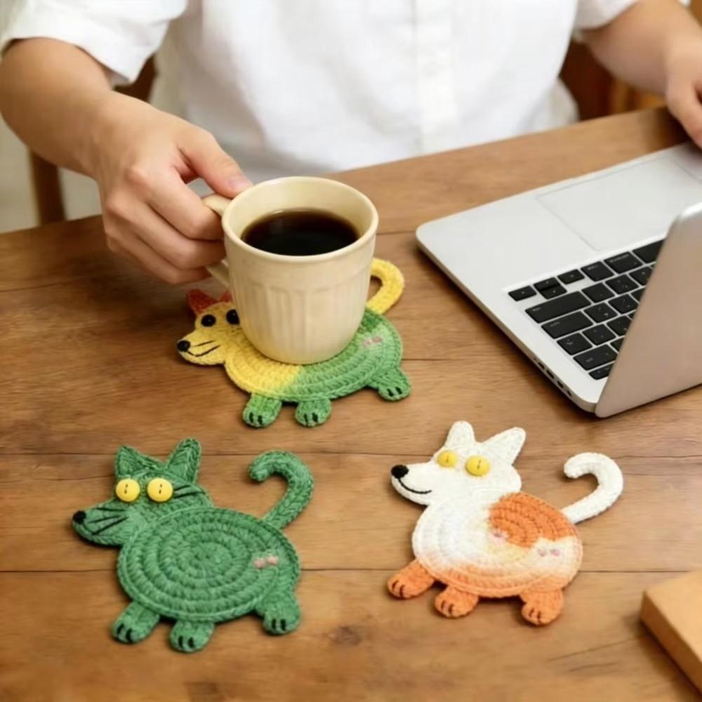 6Pcs Cartoon Puppy Drink Mats Knitted Patterns Cup Mats Cute Coaster Set