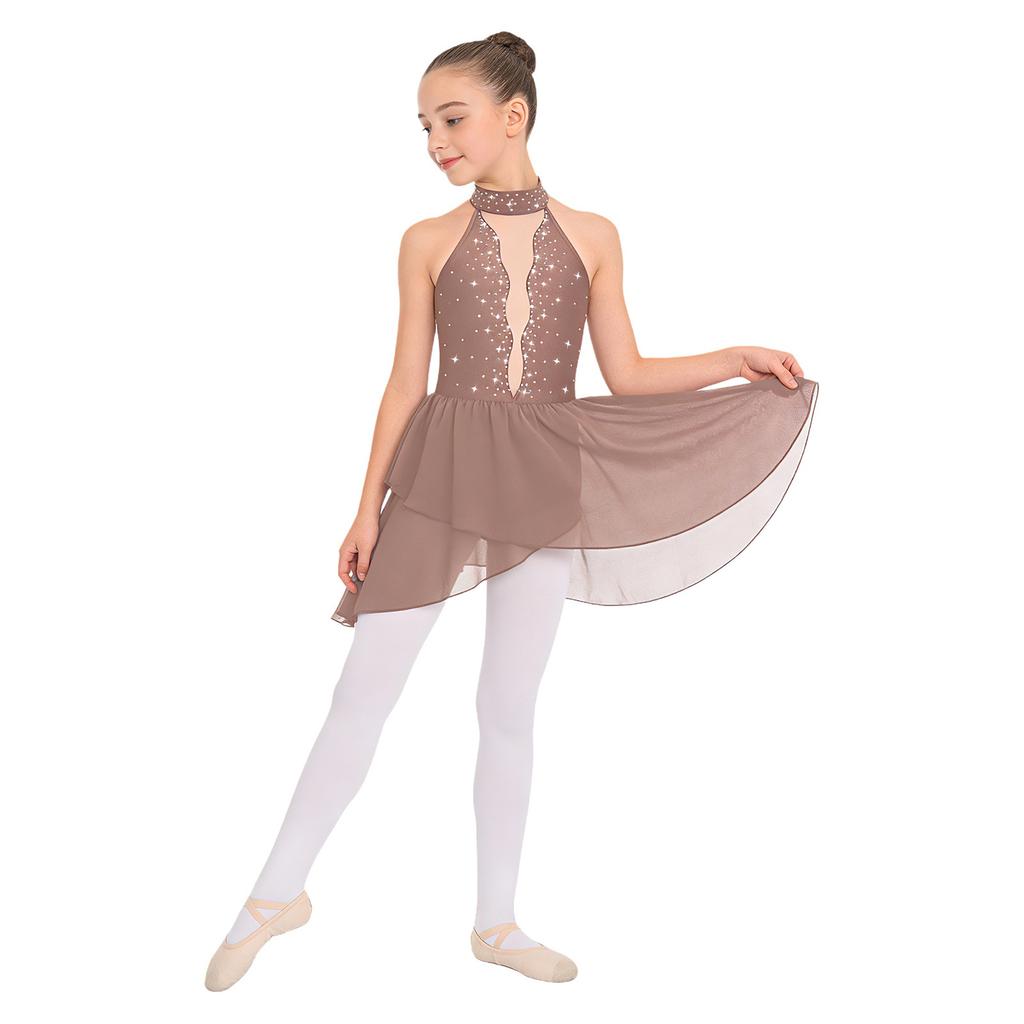 Девочки Блестящее Платье Пэчворк из Страз Без Рукавов Стойка Сетчатое Прозрачное С Открытой Спинкой Неровный Подол Лирический Костюм для Танцев