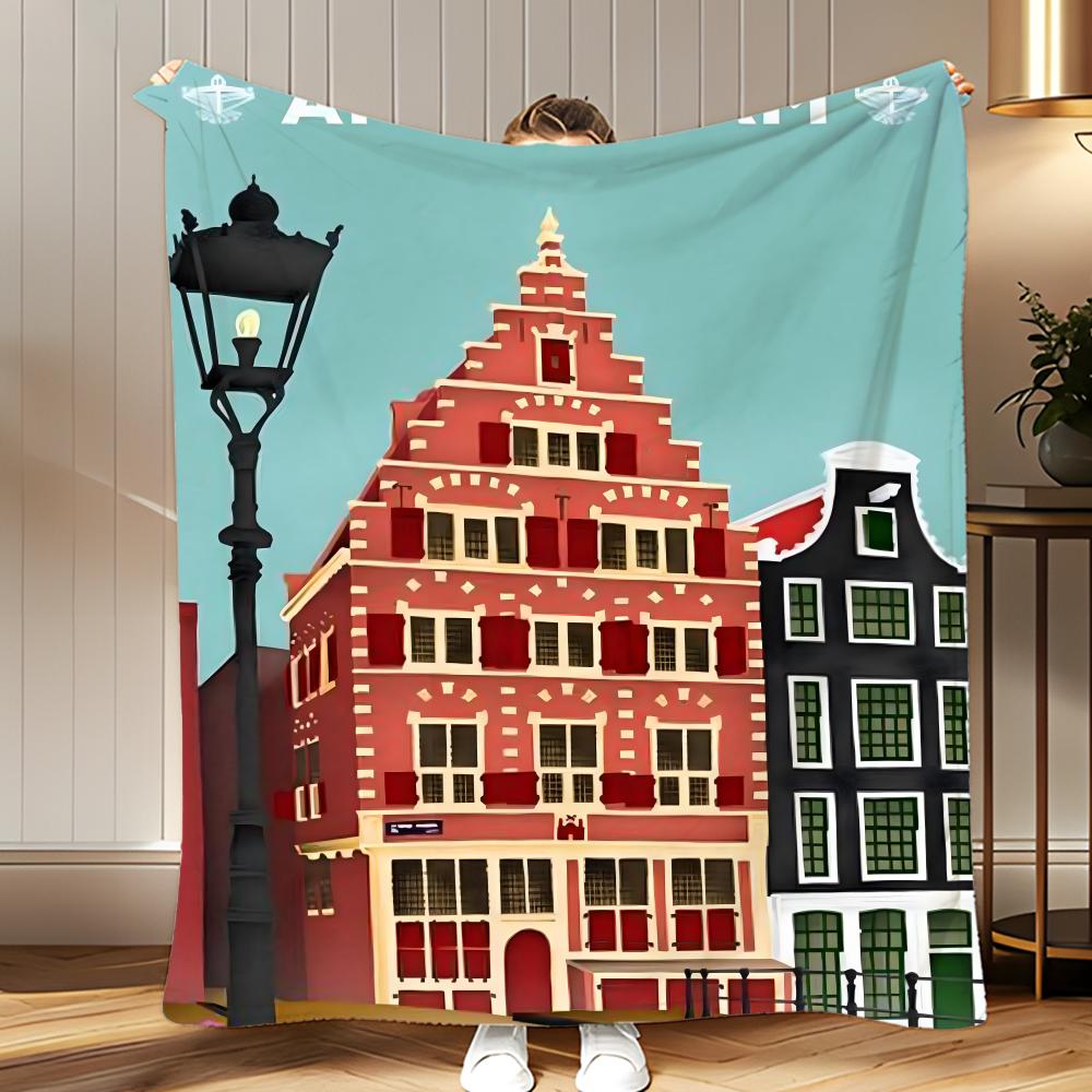 city landmark Amsterdam Throw Soft Coral Fleece Blanket 310gsm Fluffy Warm Throw for Sofa Bed Couch Bedroom Decor