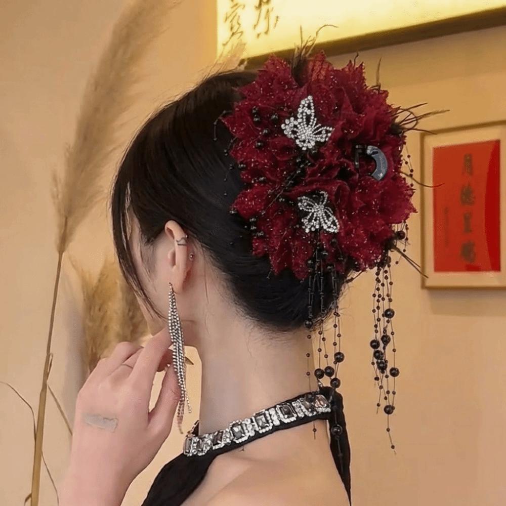 Peony Flower Pearl Tassel Shark Clip Double Flower Plastic Shark Clip Hairpin Sequin Mesh Flower Hair Claw Ponytail Accessories