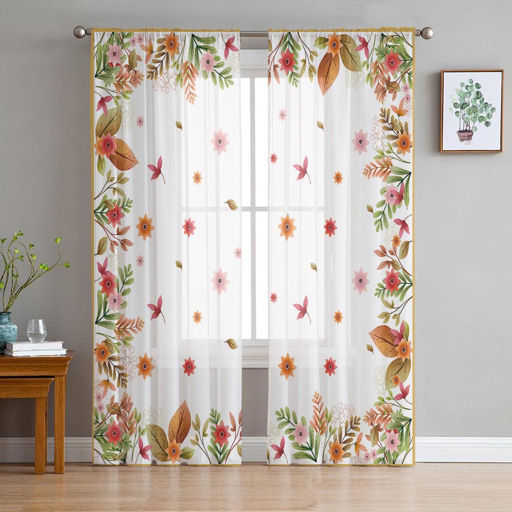 Autumn Leaves Watercolor Sheer Window Curtains For Living Room Kitchen Children Bedroom Voile Hanging Curtain