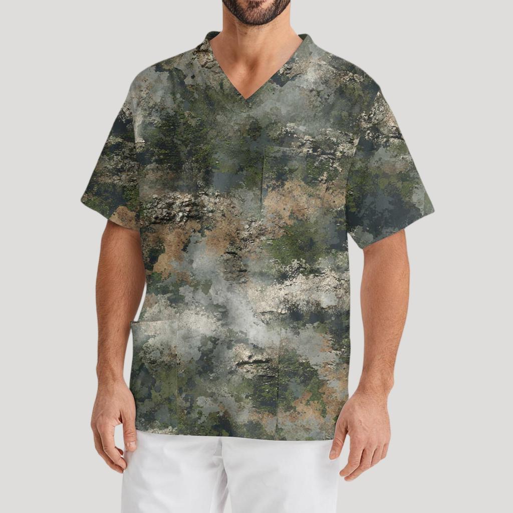 Мужская рабочая блузка с короткими рукавами и v-образным вырезом с принтом, топ с нагрудным карманом