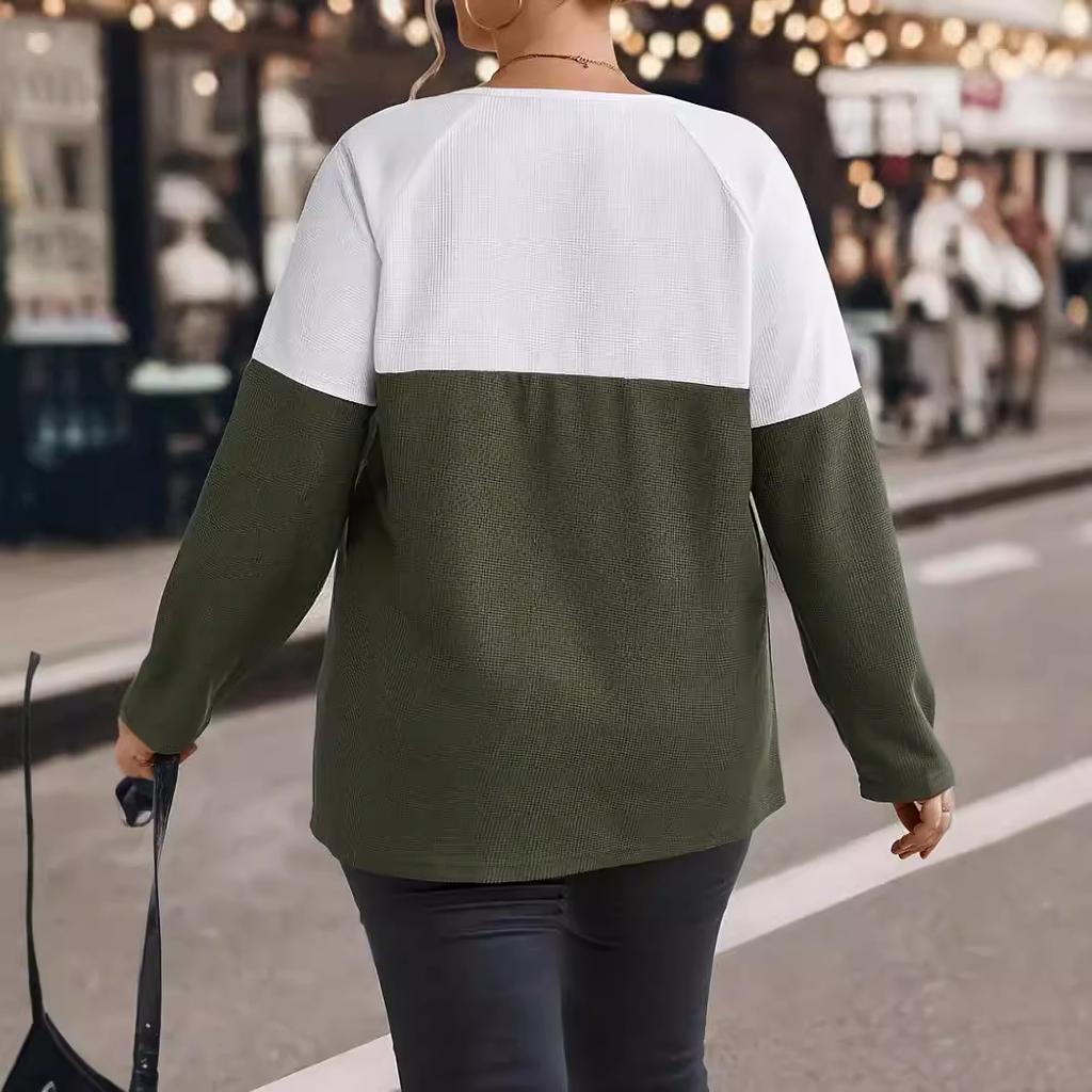 Весна Осень Плюс Размер Трикотажный Длинный Рукав Пуловер Цвет Блок Пуговица Деталь Трикотажный Топ