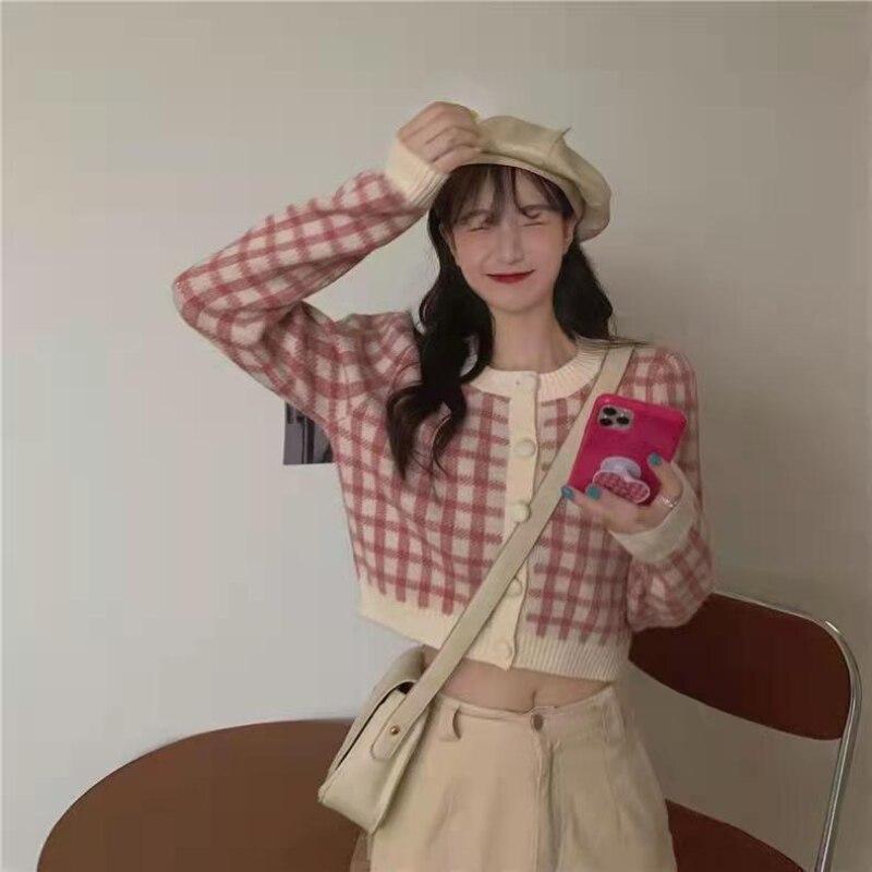 Кардиган, свитер, клетчатый весенне-осенний французский нежный короткий вязаный кардиган, топ с круглым вырезом, 2023, повседневный женский свитер