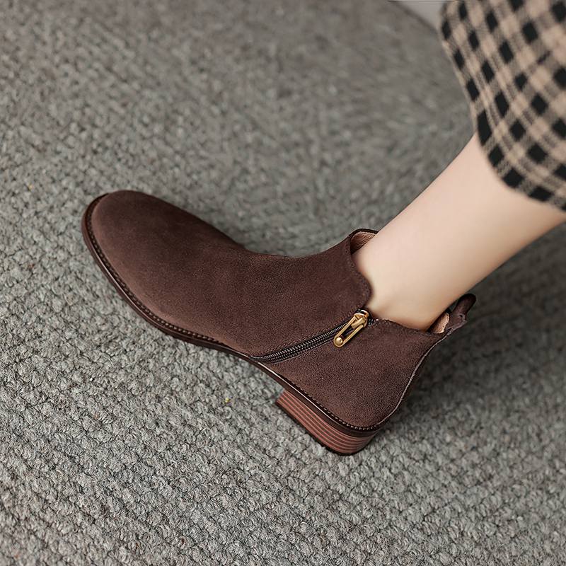 Krazing Pot Зимние ботинки челси из коровьей замши с круглым носком на среднем каблуке, женские ботильоны на молнии, большой размер 43, базовый дизайн