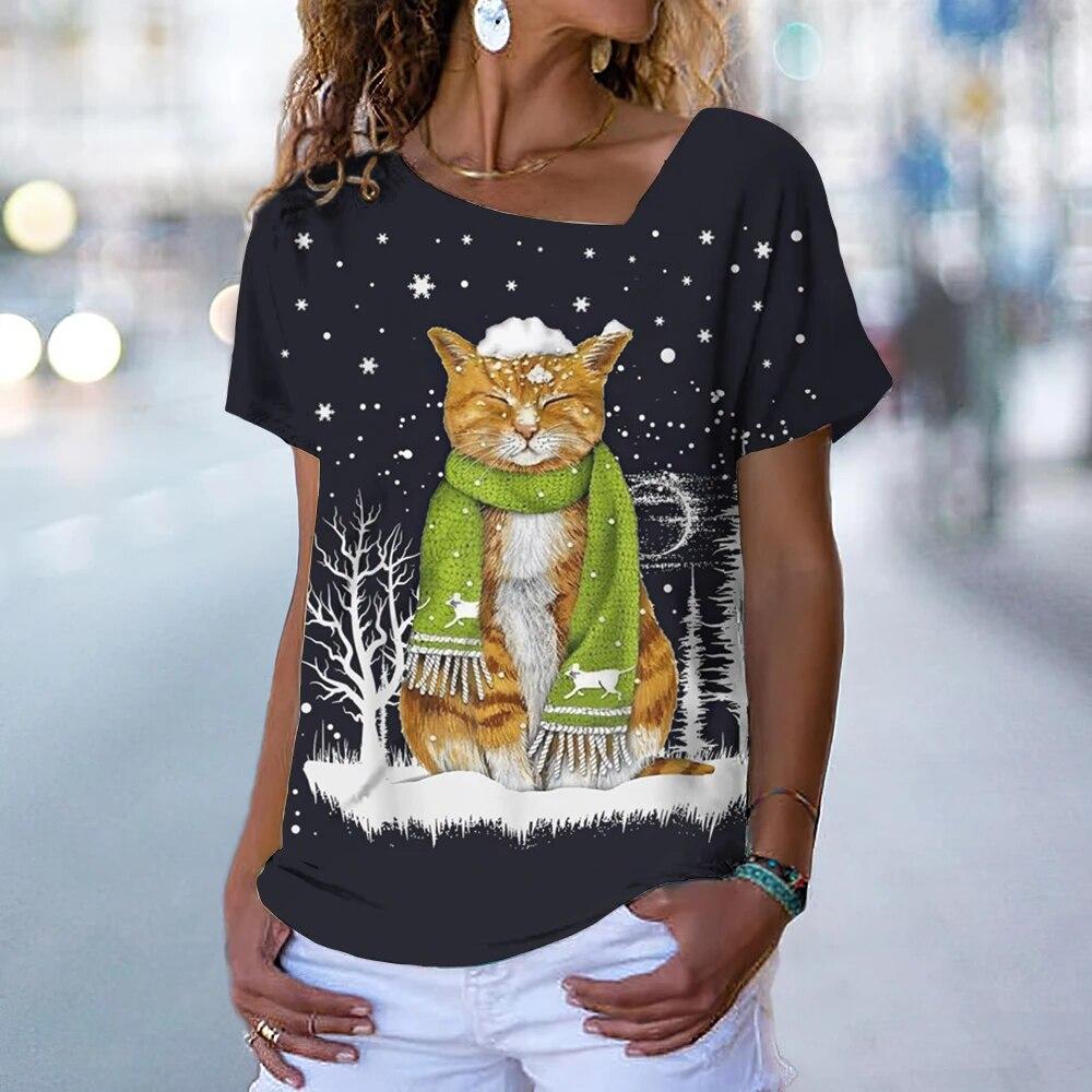 Fashion Cat T-Shirt Women's V Neck Tees Top Vintage Red Christmas Clothes Summer Chic Oversized Femele Clothing 2023 New Tee