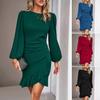 Lady Dress Puff Sleeve Irregular Hem Slim Fit Irregular Ruffle Patchwork Hem Round Neck Pleated Mini Dress Office Party Prom Dress