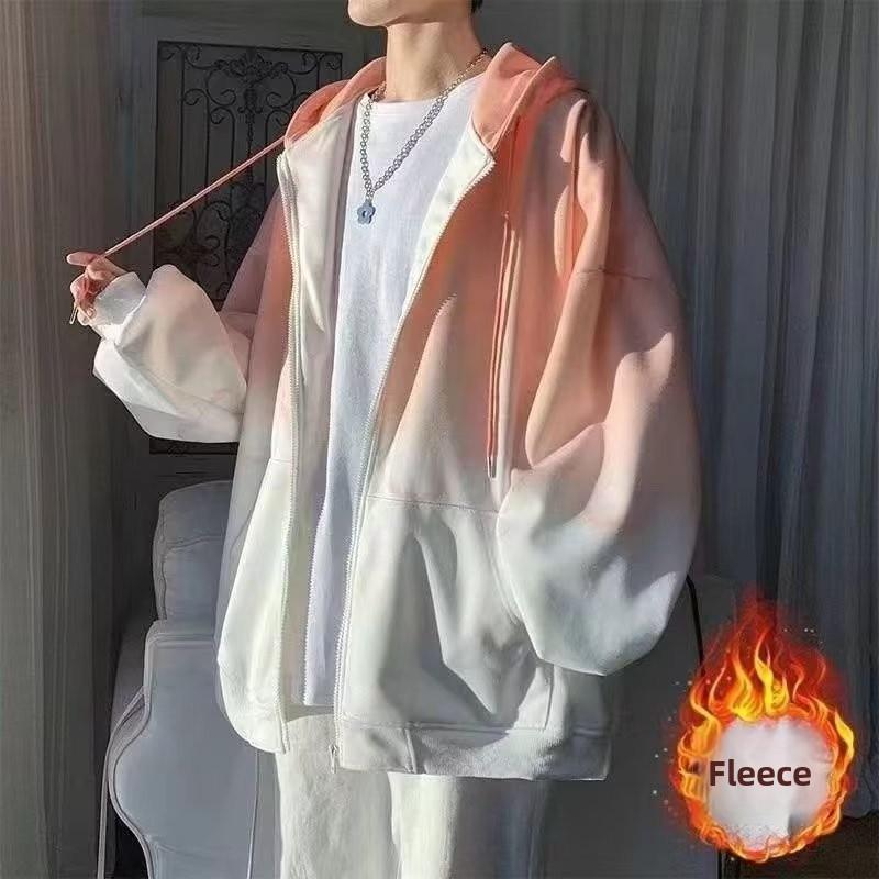 Men's Korean Style Gradient Color Plush Cardigan - Loose, Lazy, Hooded Autumn/Winter Sweater for Couples.