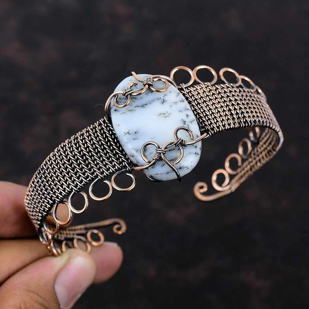 Браслет-манжета из дендритового опала, обернутый медной проволокой, регулируемый браслет-манжета, обернутый проволокой, украшения из драгоценных камней, медный браслет ручной работы