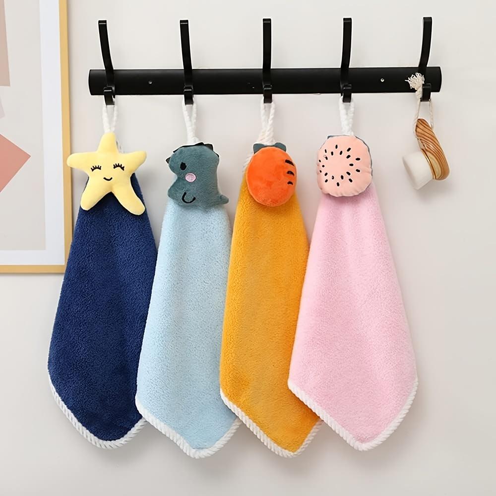 Hand Towel 4pcs Hanging Towel Cartoon Pure Coral Fleece Cloth Double-Sided Water Absorption Hanging Kitchen Towel
