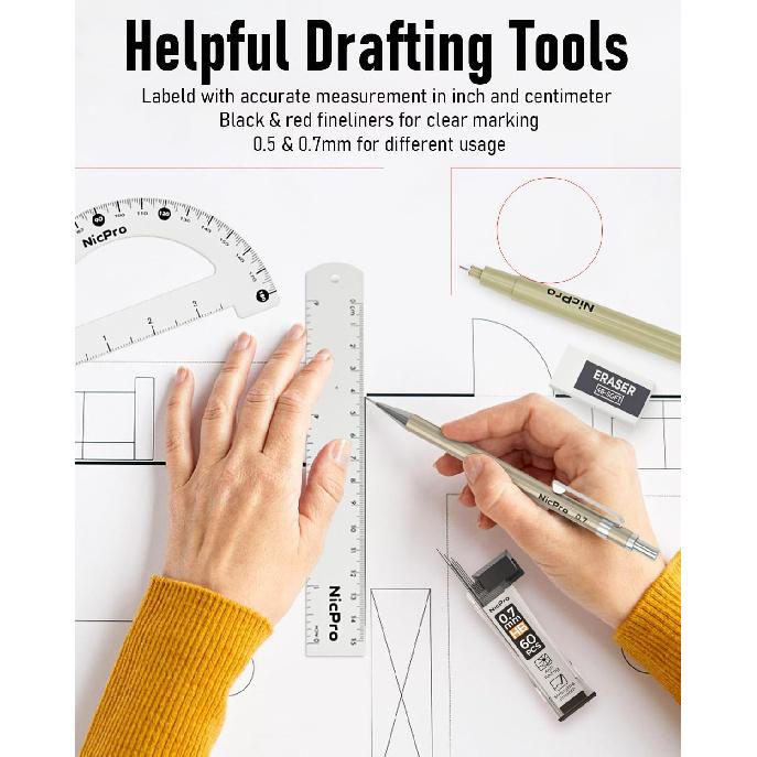 Nicpro 20PCS Professional Geometry Set with Case, Drafting Tools with Protractor and Compass, Metal Rulers, Triangles, Pens, Pencils, Drawing