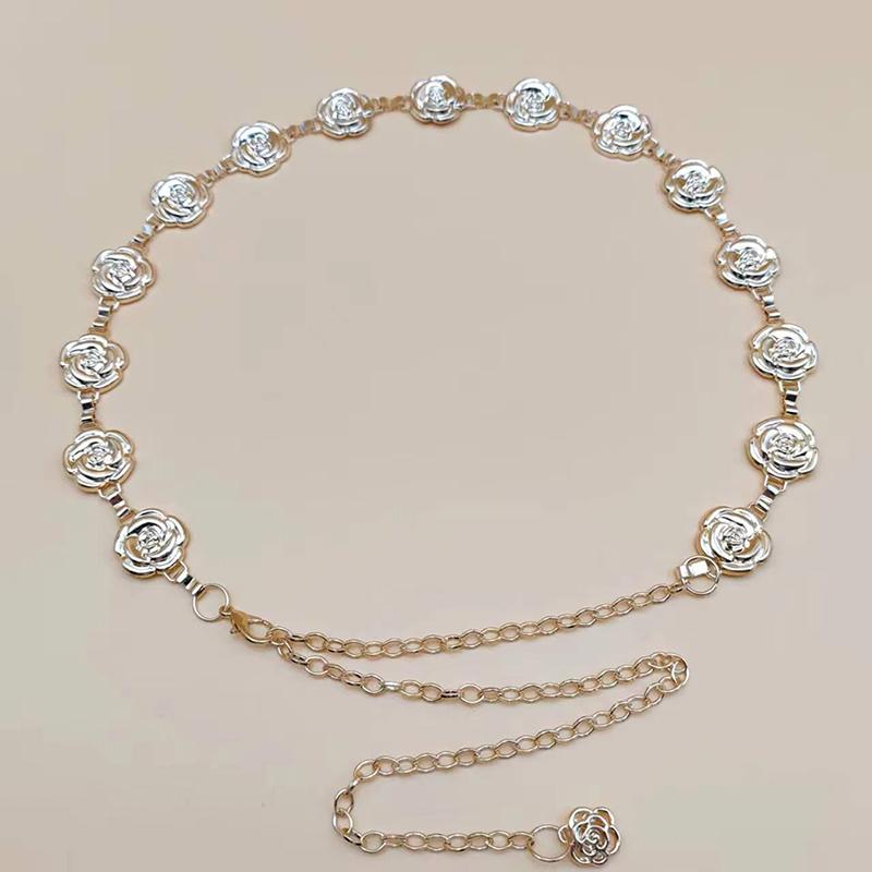 1Pc Gold Silver Color Rose Chain Belt Women Metal Thin Shiny Flower Belts Female Jeans Dress Decoration Belt