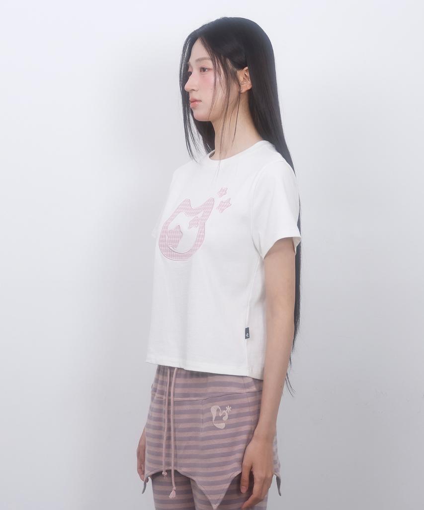 LMR Cat Symbol Applique Short Sleeve T-Shirt Cream