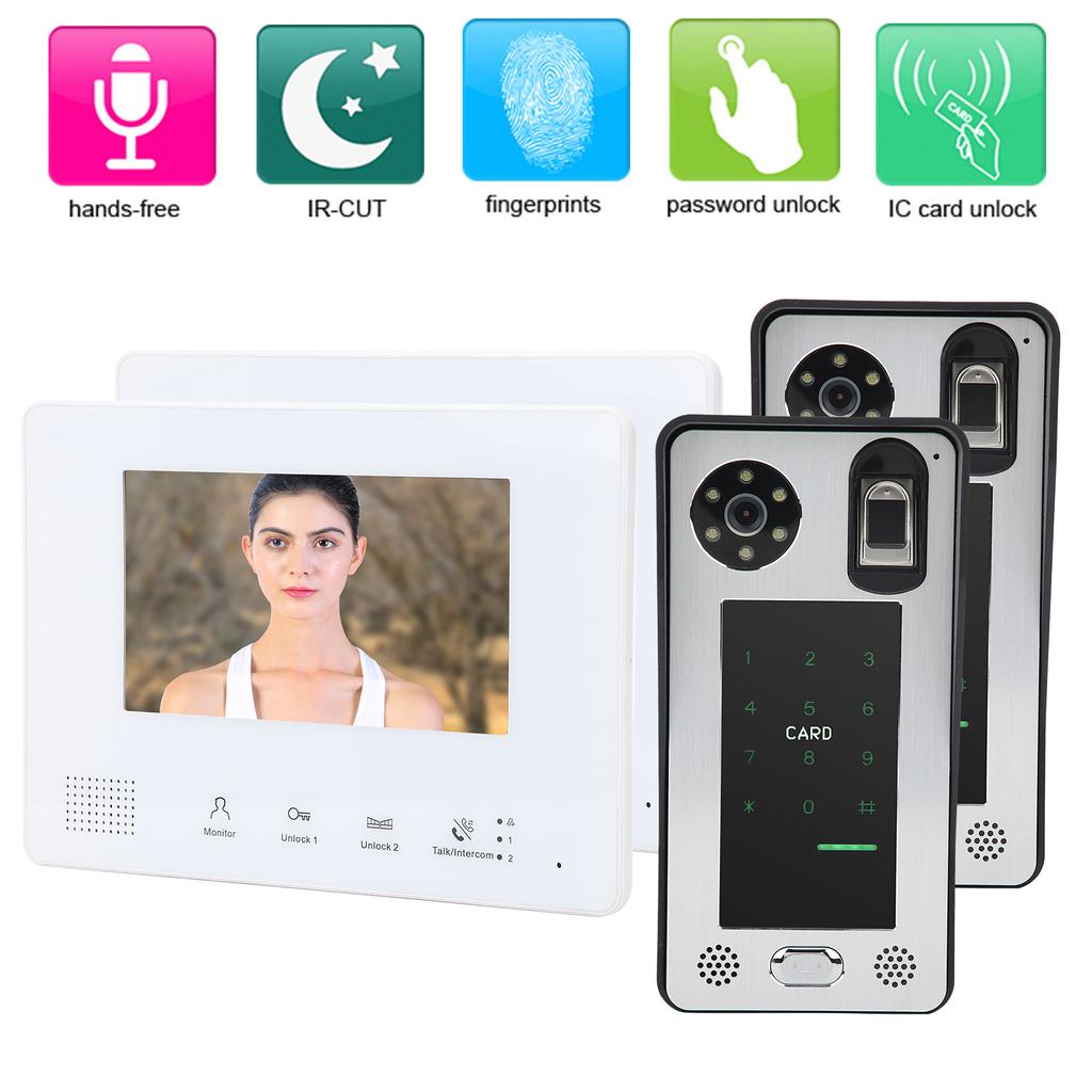 2?Проводной видеодомофон 7 дюймов Двойные мониторы Двойные камеры Отпечаток пальца Пароль IC-карта Разблокировка Ночь