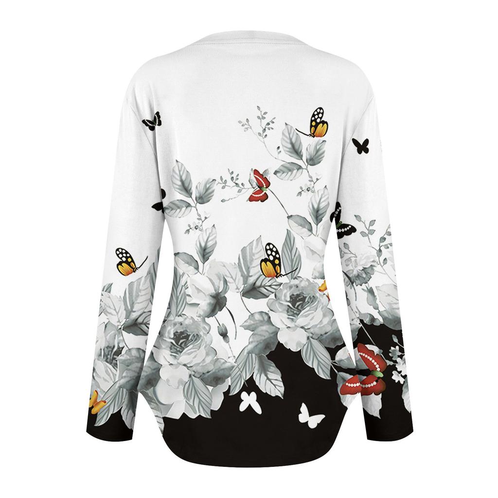 Женская рубашка с длинными рукавами, круглым вырезом и боковым разрезом, винтажный повседневный топ с цветочным принтом и листьями