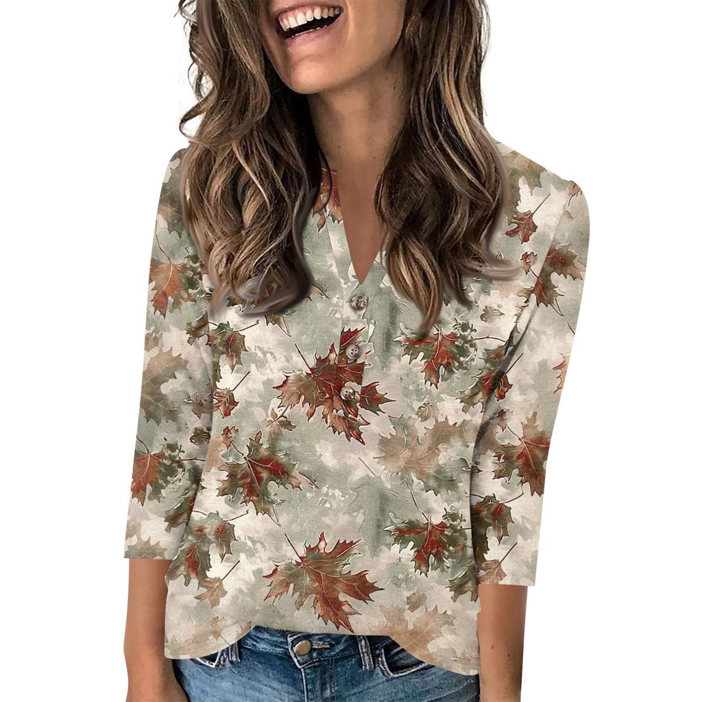 Женский модный повседневный пуловер с рукавом 3/4, принтом на пуговицах и V-образным вырезом