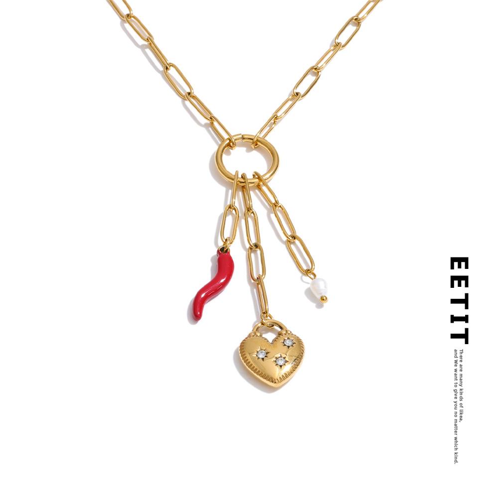 Eetit Новый Стиль Натуральный Жемчуг Цирконий Сердце Перец Капля Цепочка Шарм Ожерелье Нержавеющая Сталь Мода Водонепроницаемый Кулон Украшения