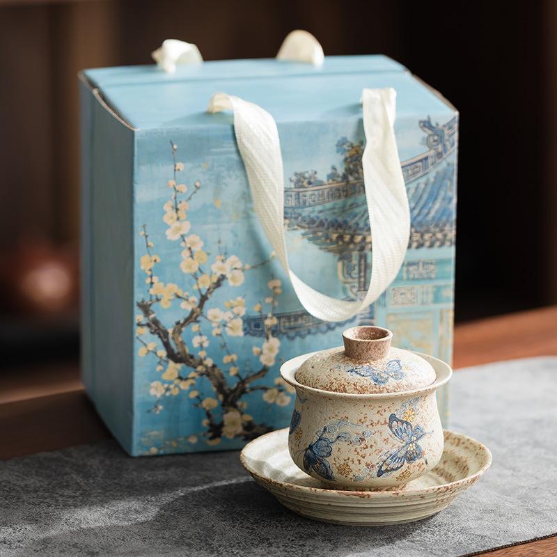 Sancai Gaiwan Blue and White Flint Red Forbidden City Wind Gaiwan Tea Set Gift Box for Elders Business Souvenir Ceramics