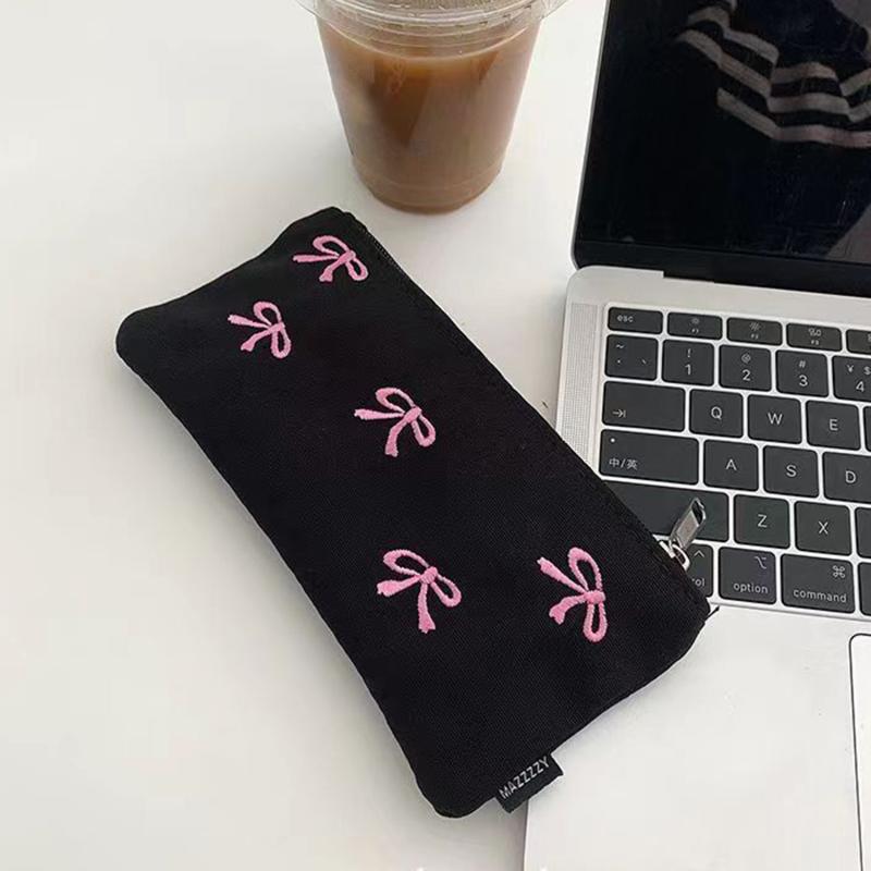 Милая холщовая косметичка с бантом, квадратная косметичка с красивым принтом, пенал с вышивкой, большая вместимость