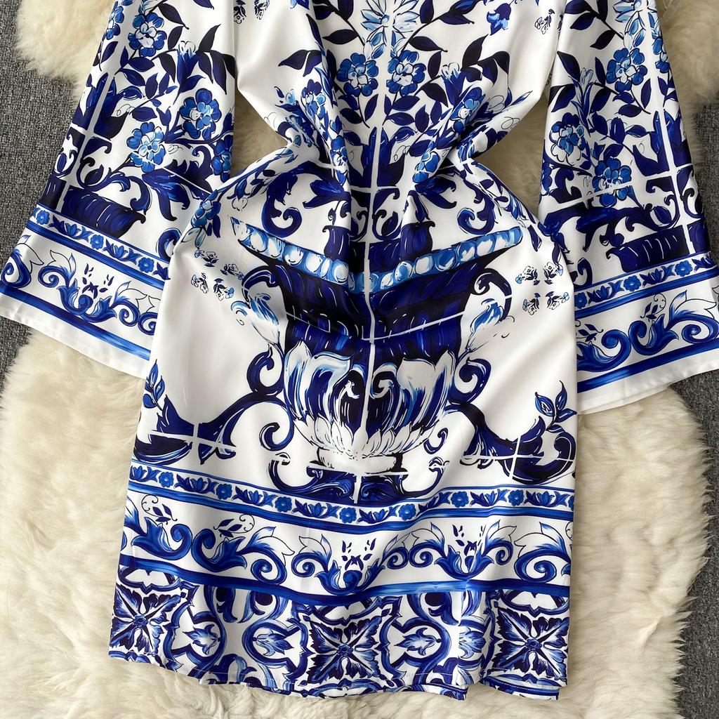 Autumn Vintage Brand Designer Print Runway Dresses Women Flare Sleeve Mini Short Party Dress