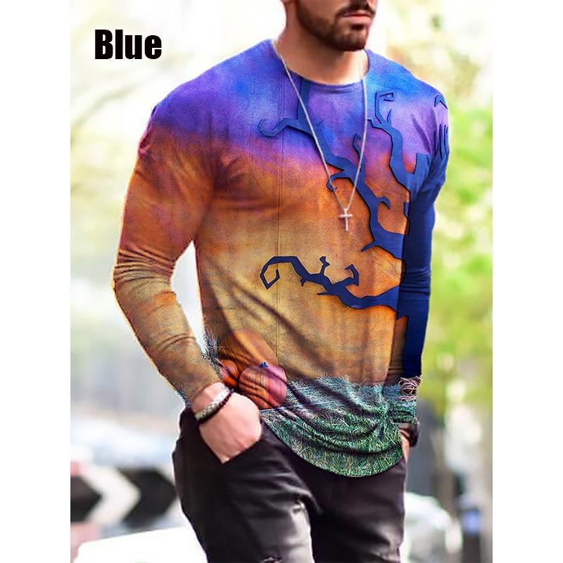Spring and Autumn Round Neck 3D Halloween Funny Pattern Printed Top Fashionable Casual Long Sleeved Men's T-shirts