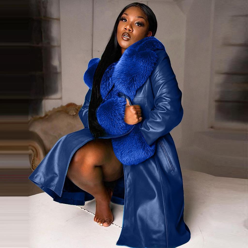 Женское кожаное пальто с воротником, зимняя мода, лацкан с длинным рукавом на молнии, повседневные куртки больших размеров, пальто