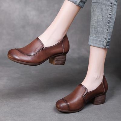 Туфли-лодочки из натуральной кожи однотонные на толстом каблуке, ретро, универсальные, с круглым носком, женские