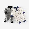 New Autumn 2025 Sailboat Striped Baby Boy Romper - Trendy Newborn Jumpsuit with Full Print Design