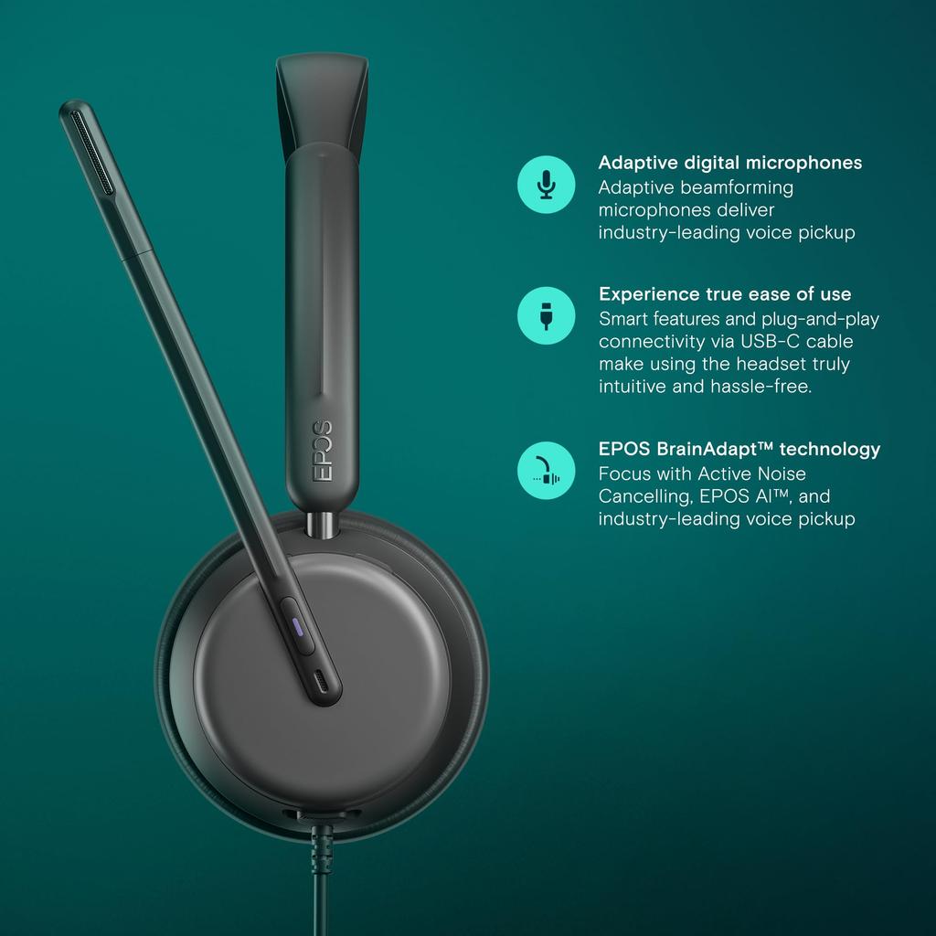 EPOS Impact 860T ANC Гарнитура с улучшенным шумоподавлением для офисов открытого типа Сверхширокополосное аудиосоединение Сертифицировано для Microsoft Teams - USB-C