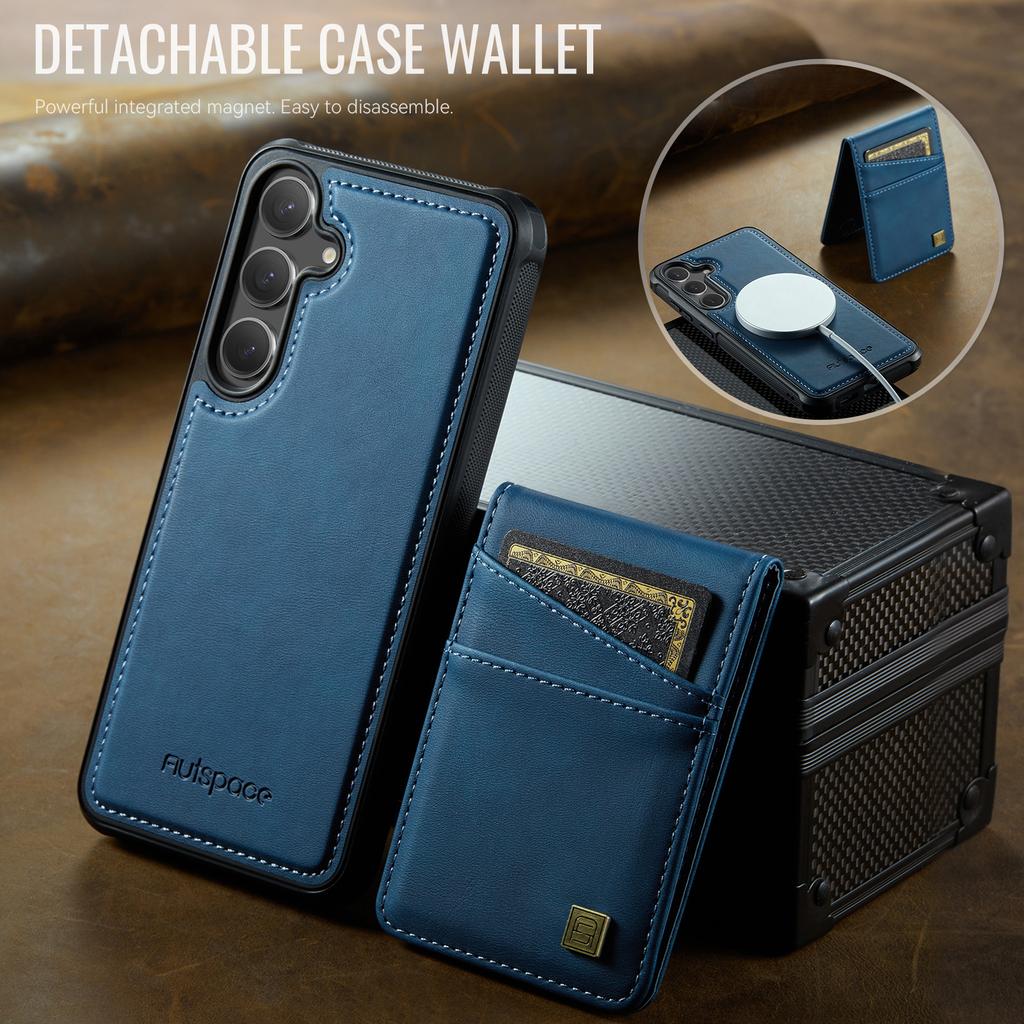 For Samsung Galaxy S25+/Galaxy S24+ Case AUTSPACE A12 Leather Back Cover with Magnetic Detachable Card Bag Kickstand