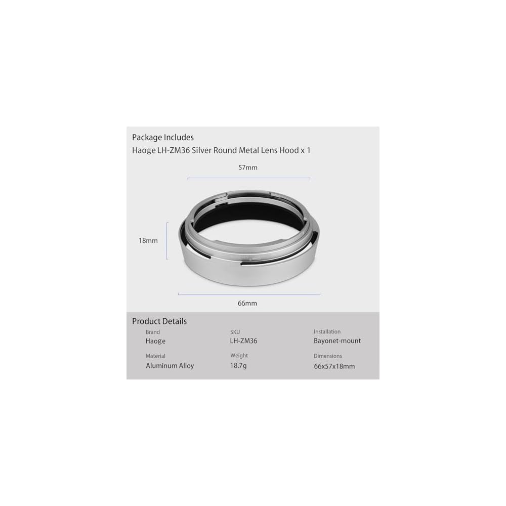 Haoge LH-ZM36 Bayonet Metal Round Lens Hood Shade for Carl Zeiss Distagon T 1.4/35 35mm f/1.4 ZM Lens (Silver)