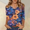 Женские топы, рубашка с рукавом три четверти, свободная повседневная рубашка с V-образным вырезом, футболка с цветочным принтом