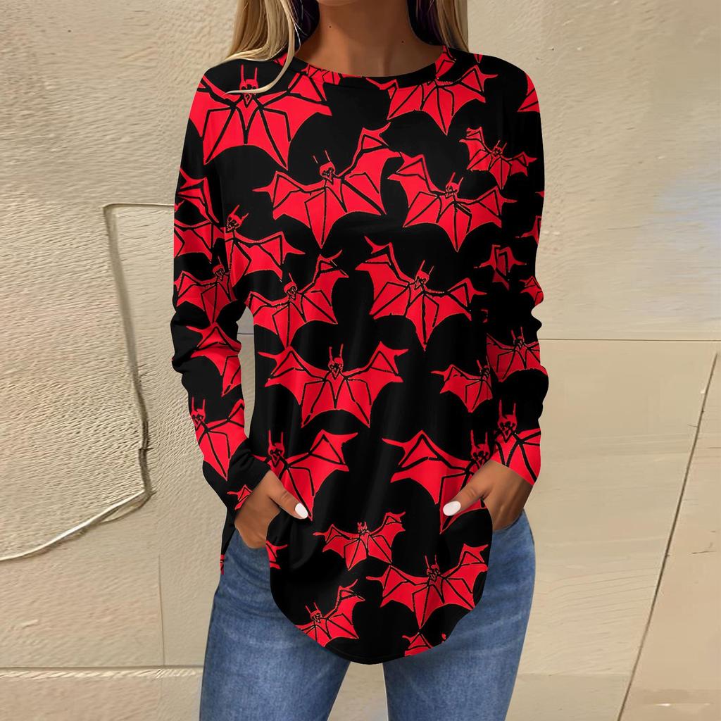 Женская свободная футболка с длинным рукавом с круглым вырезом и принтом, верхний пуловер