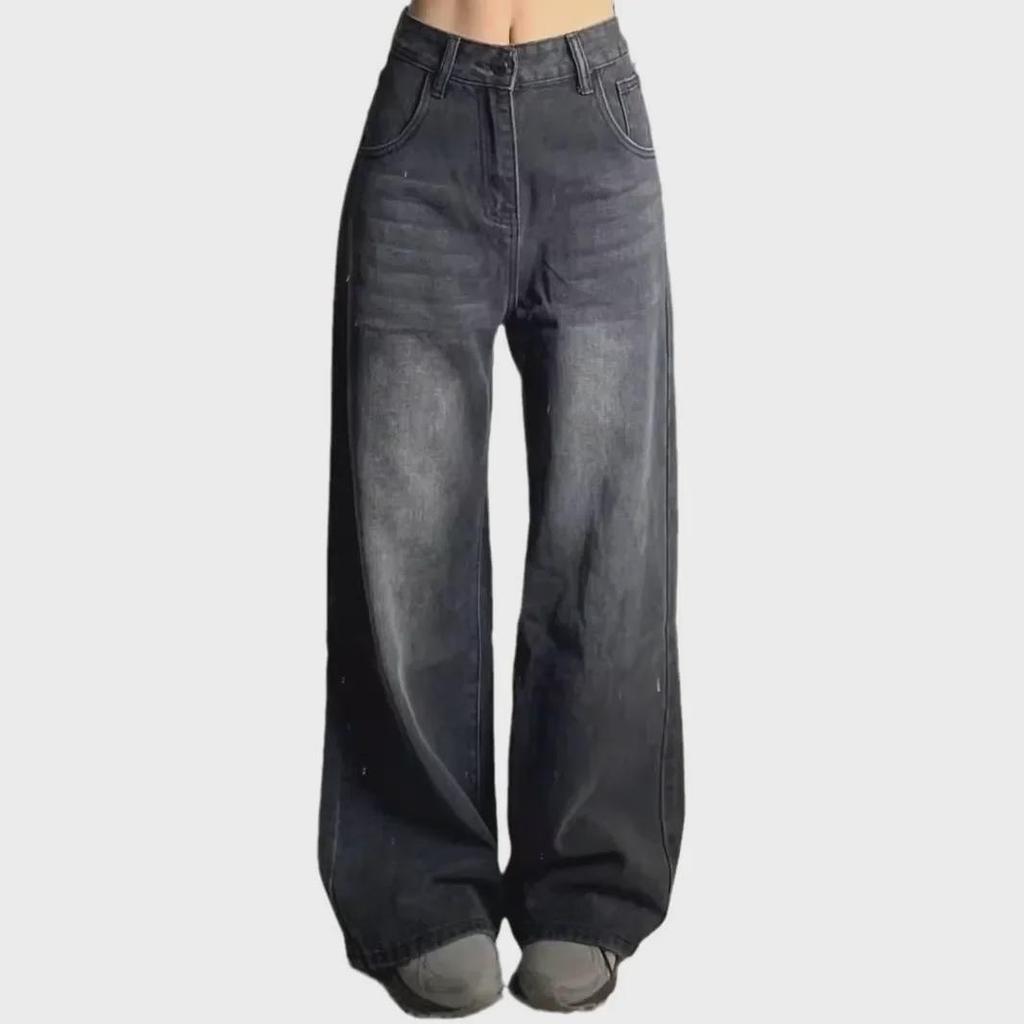 Женские джинсы American Retro 2024 с высокой талией, черные, широкие, с широкими штанинами - Весенний стиль