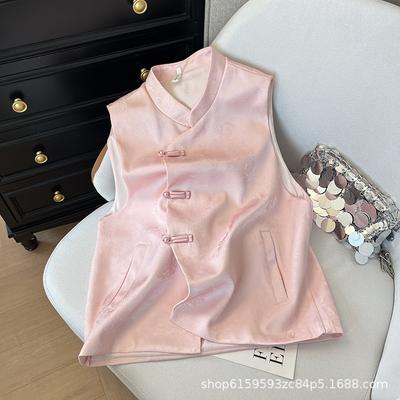 Розовый жаккардовый диагональный жилет женский 2025 ранняя весна темперамент милый безрукавный жилет жилет