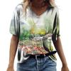 Women's V-Neck Short Sleeve Blossoming Flowers Printed Tops Loose T-Shirt Casual Blouse