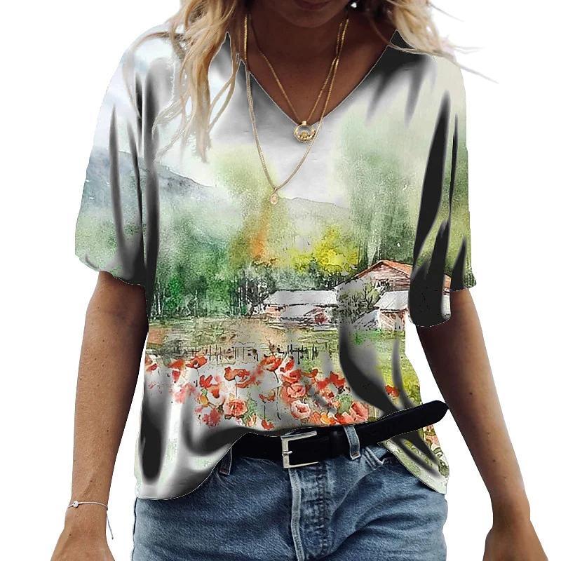 Women's V-Neck Short Sleeve Blossoming Flowers Printed Tops Loose T-Shirt Casual Blouse