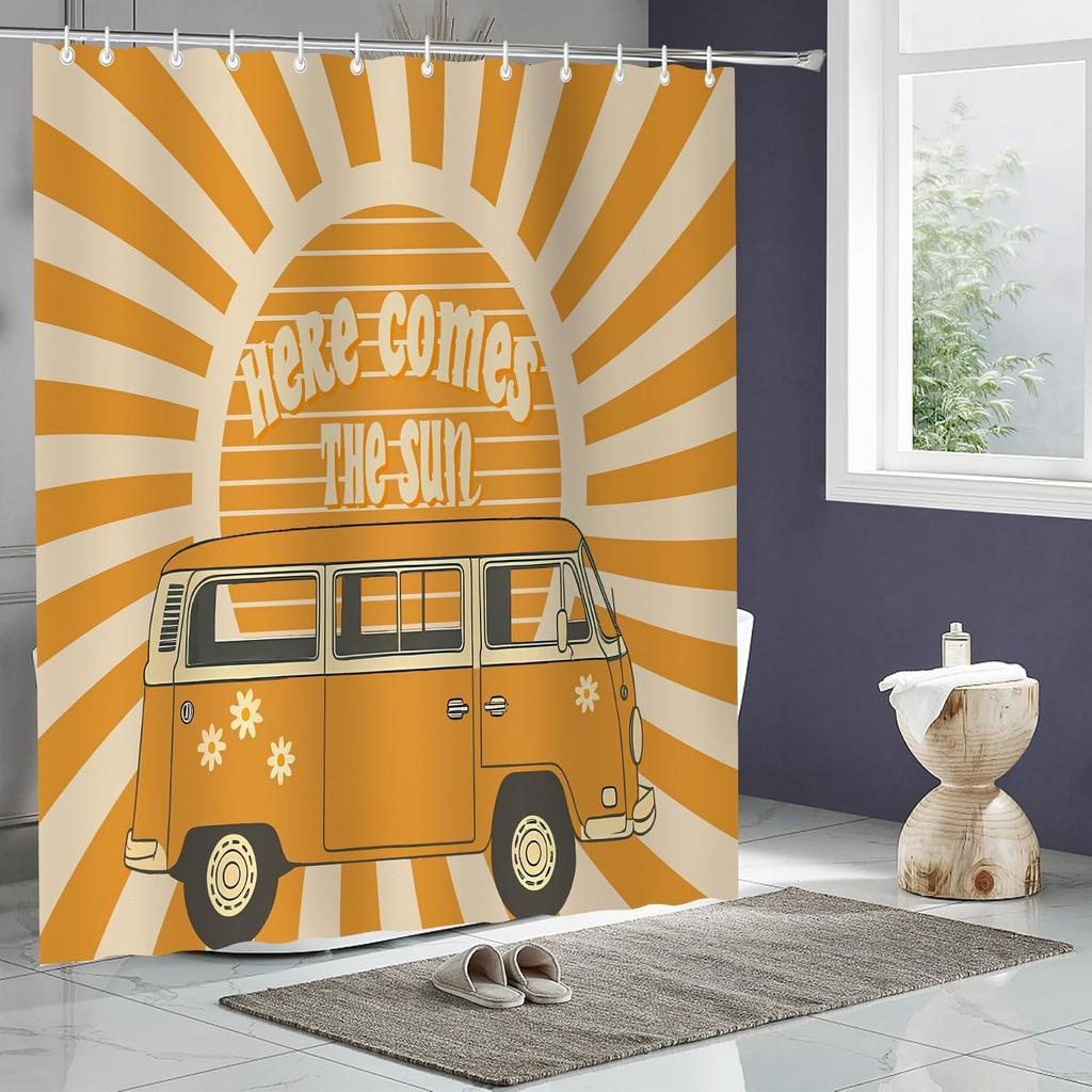 Here Comes The Sun Shower Curtain 72x72 Inches Boho Vintage Floral Bus Retro Hippie Orange Sun Sunshine Reversible for Home