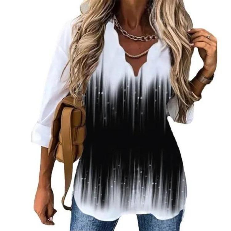 European American Women Summer Long Sleeve Printed Shirt with Wave Collar
