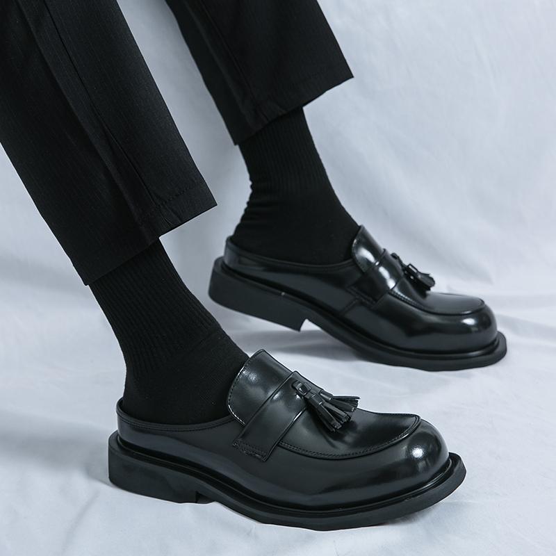 New Muller Shoes Men PU Tassel Decoration Low Heel Round Head Breathable Half Baotou Business Casual Shoes Large Size 38-46