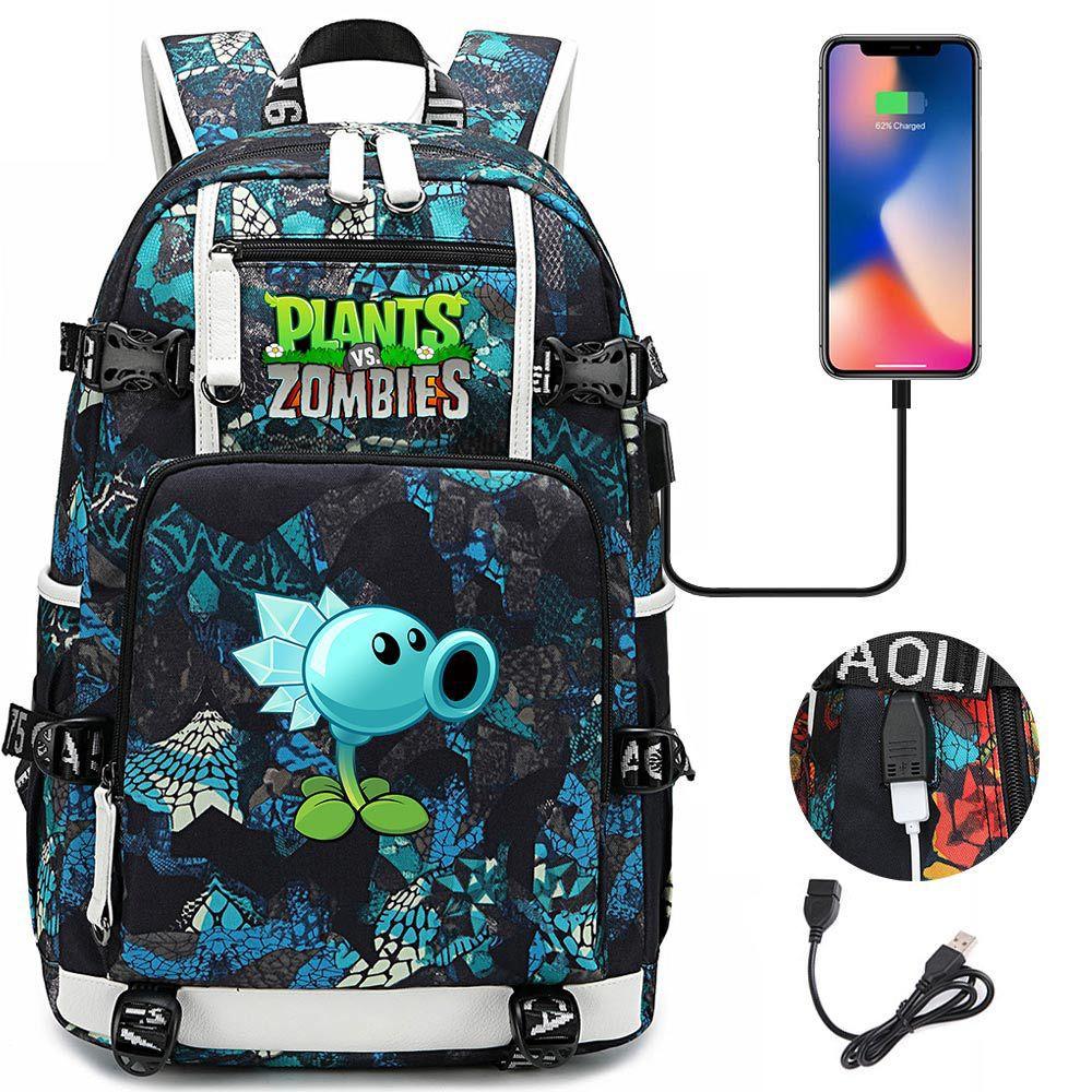 Double Shooter Plant USB Teen Student Backpack Unisex Casual Travel Rucksack
